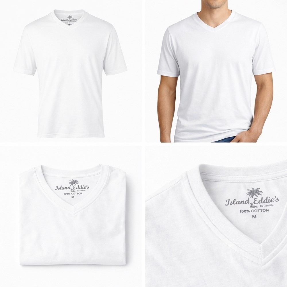 Mens White V-Neck Tee 100% Cotton Medium
